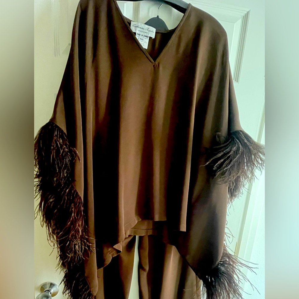 Silk top with feather trim and silk pants